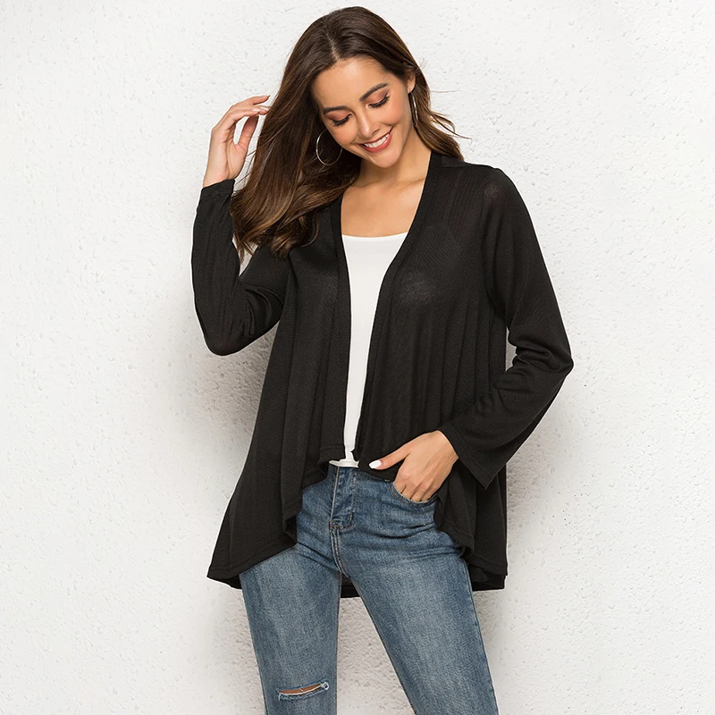 

New European Women Thin Kimono Cardigan Long Sleeve Loose Irregular Hem Long Cardigan Women Outerwear Plus Size Black/Gray/White