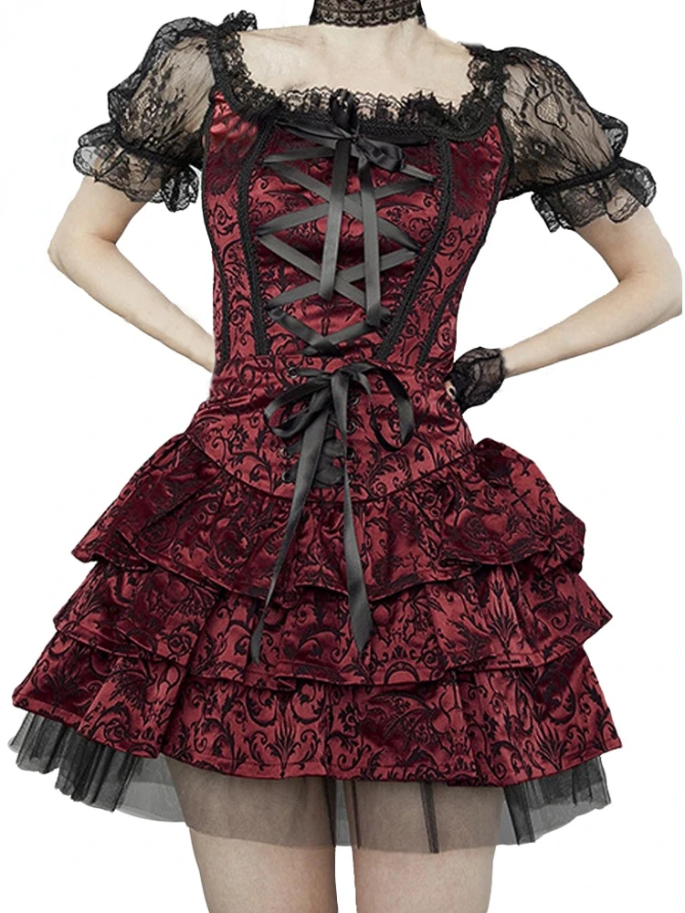 

Gothic Sexy 2pcs Vintage Lace Black Dress Goth Punk High Waist Mini Dress Aesthetic Short Sleeve Party Dresses Club Wear 2022