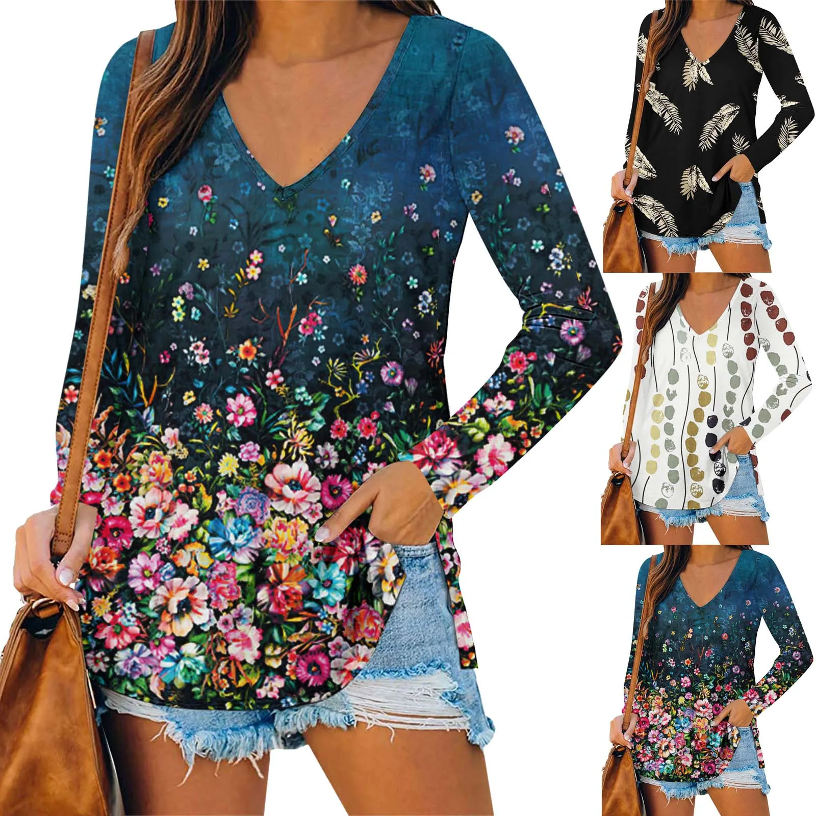

Womens Casual Feather Floral Dots Printing V Neck Long SleeveT Shirt Blouse Tops Cheer Long Sleeve Shirt