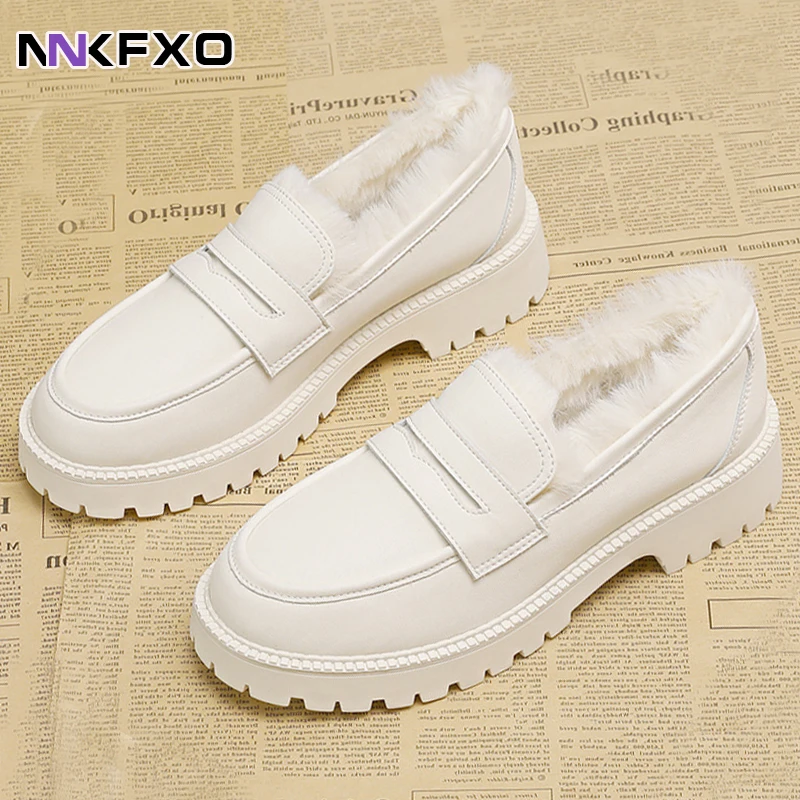 

Женские туфли дерби без шнуровки, повседневные кроссовки, лоферы с мехом, на платформе, плоская подошва, круглый носок, с закрытым носком, в б...