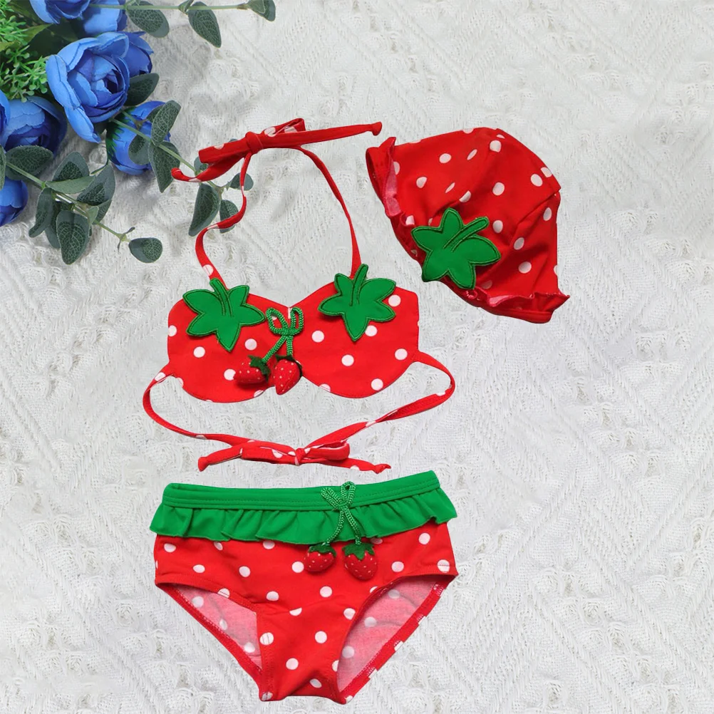 

1 Set/3 Pcs Children Swimsuits Summer Baby Girl Strawberry Hat Bikini Kids Swimming Suits for Outdoor Beach Swimming (Red, Size