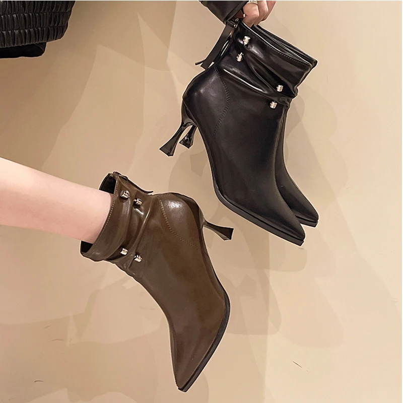 Женские плиссированные ботильоны на высоком каблуке пикантная модная обувь с