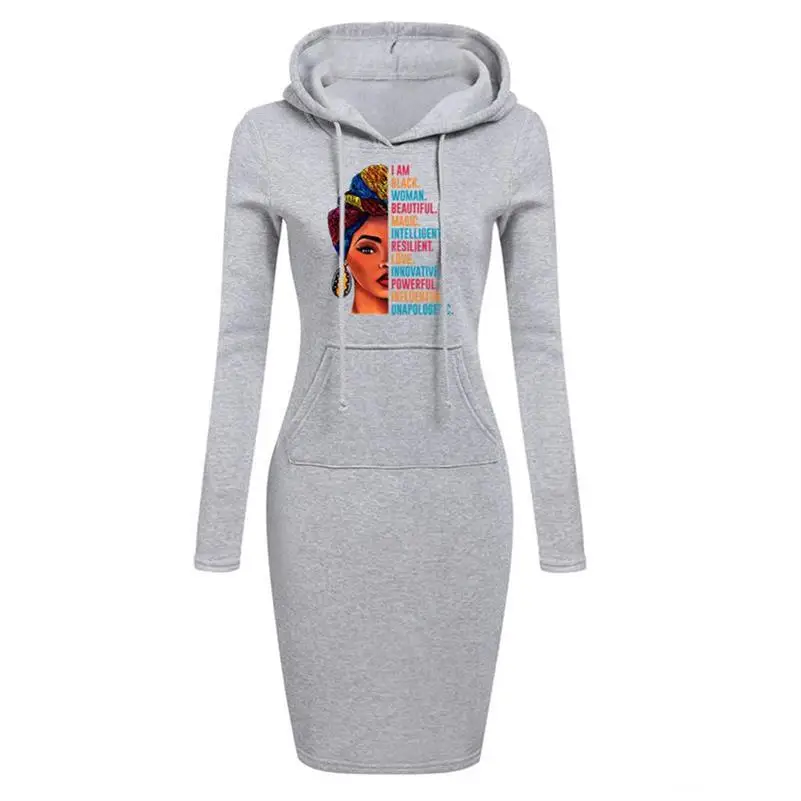 Женское длинное платье-толстовка с капюшоном и надписью |