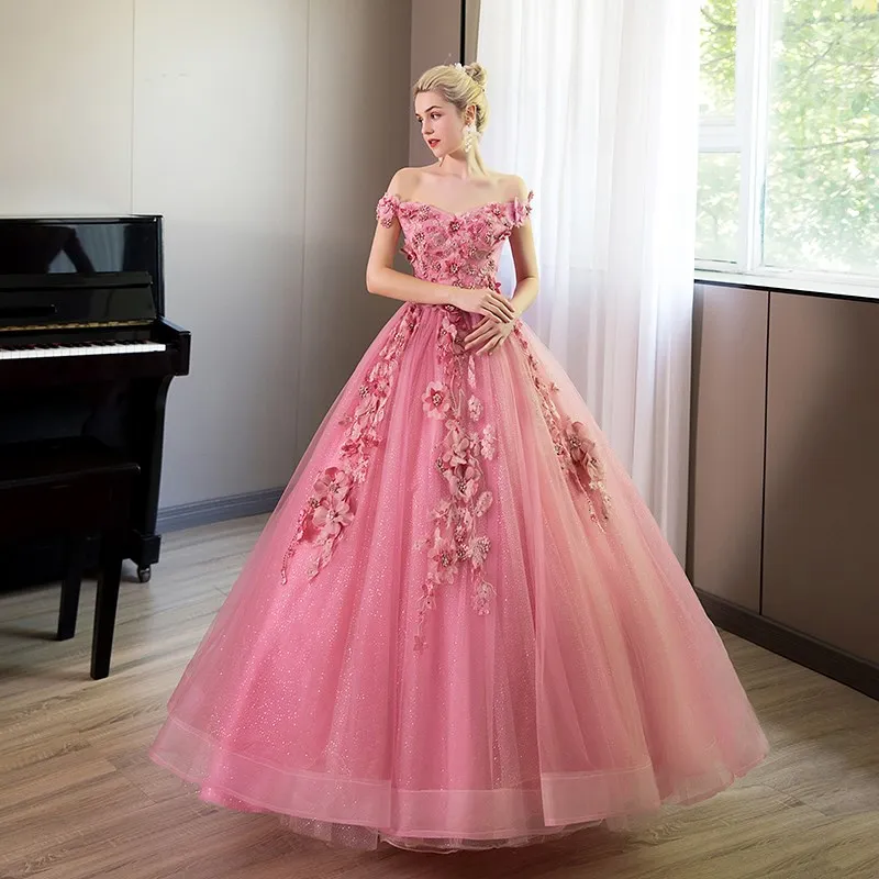 2022 New Dark Pink Quinceanera Dresses Luxury Flower Decoration Off The Shoulder Prom Dresses Vestidos De 15