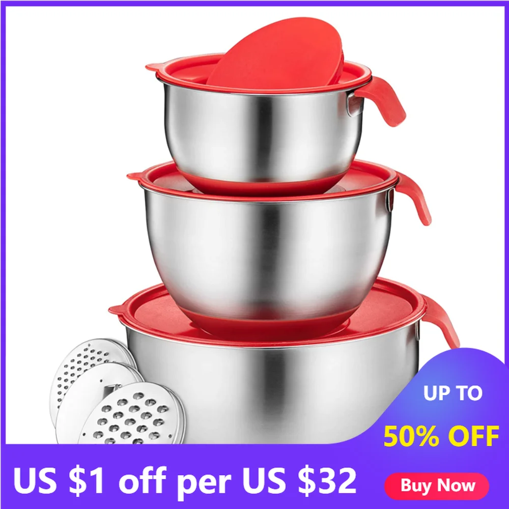 

Stainless Steel Salad Mixing Bowl with Scale Non-Slip Silicone Lid Base Egg Beater Fruit Bowls Food Container Kitchen Utensils
