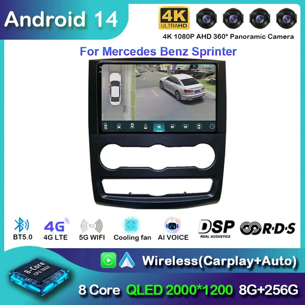 10 &quotAndroid 14 для Mercedes Benz Sprinter 2K 8 + 256 ГБ QLED Android автомобильный радиоприемник