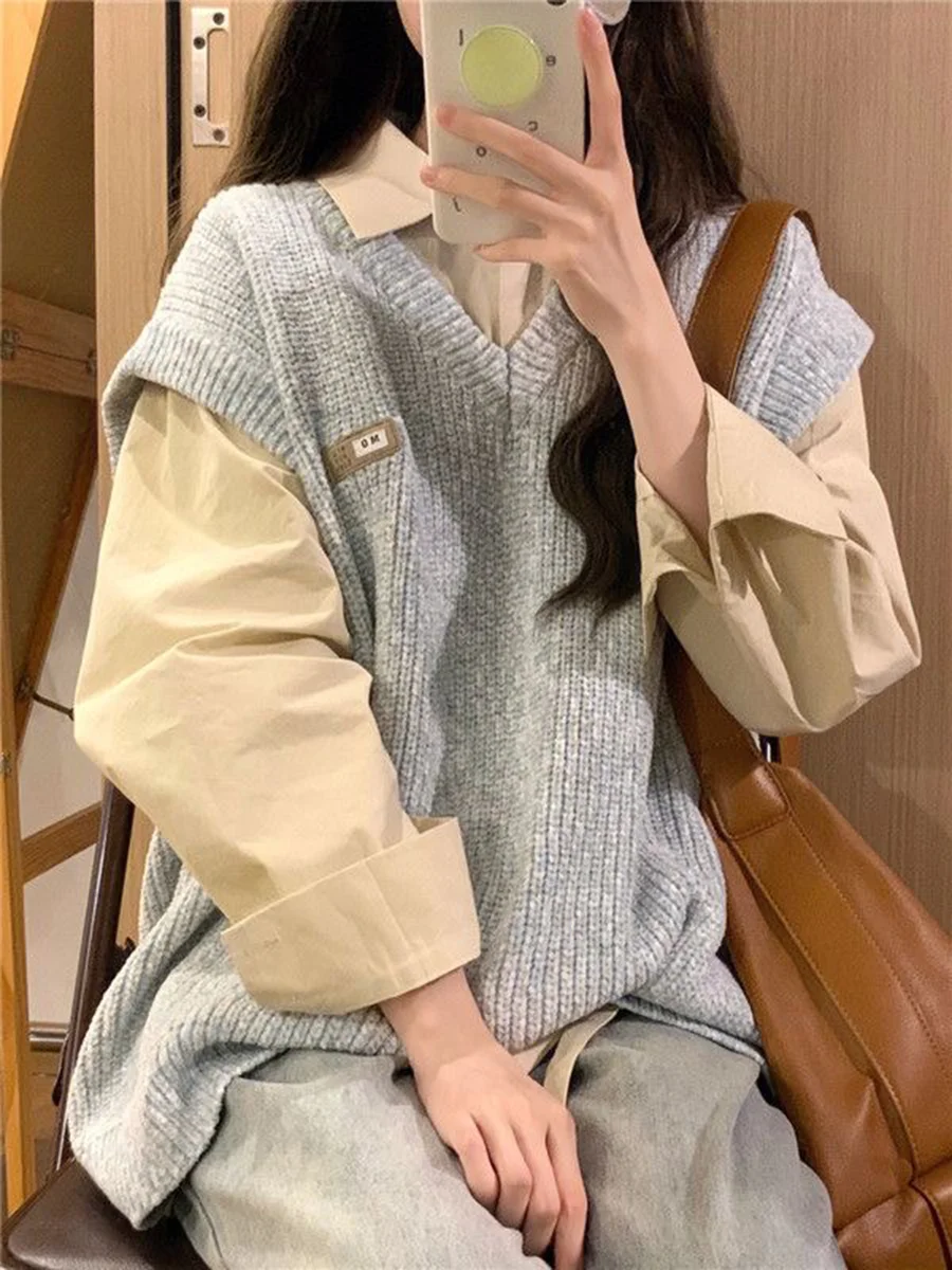 Plus size Two-piece Suit Early Autumn V-neck Gray Overlapping Knit sweater Vest Female Student + Apricot Shirts