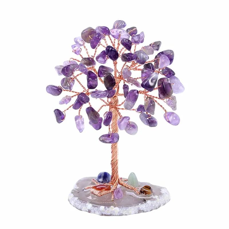 

Mini Natural Crystal Money Tree Copper Wire Wrapped W/ Agate Slice Base Gemstone Reiki Chakra Feng Shui Trees Home Decor
