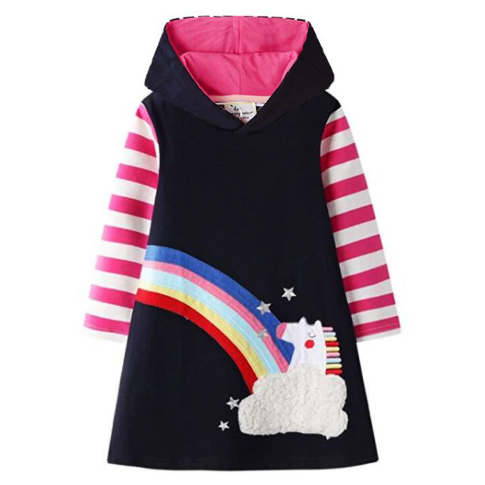 DXTON Girls Autumn Spring Long Sleeve Clothes Kids Rainbow Unicorn Cartoon Appliqued Hooded Dress Children Casual Cotton Dresses