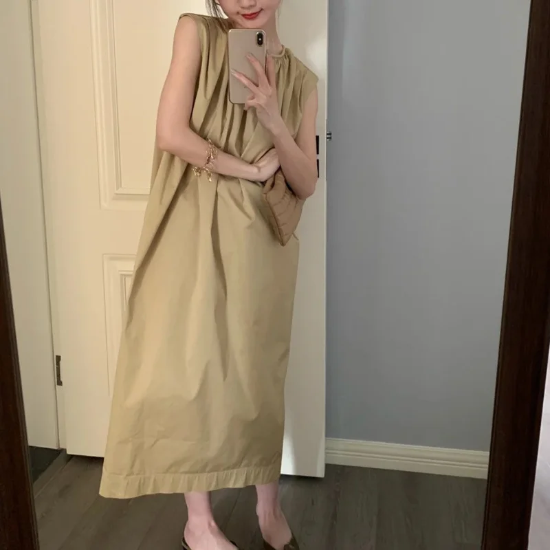 

Женское плиссированное платье без рукавов, Элегантное повседневное свободное однотонное платье во французском стиле с круглым вырезом, ле...