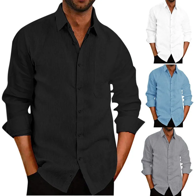 

Mens Top Lapel Solid Color Long Sleeve Shirt Linen Loose Casual Shirt for Men