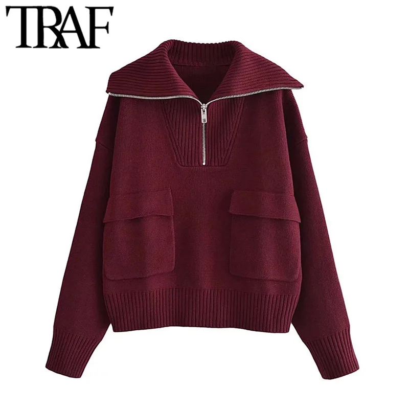 

TRAF Women Fashion With Zip Loose Knit Sweater Vintage Long Sleeve Patch Pockets Female Pullovers Chic Tops
