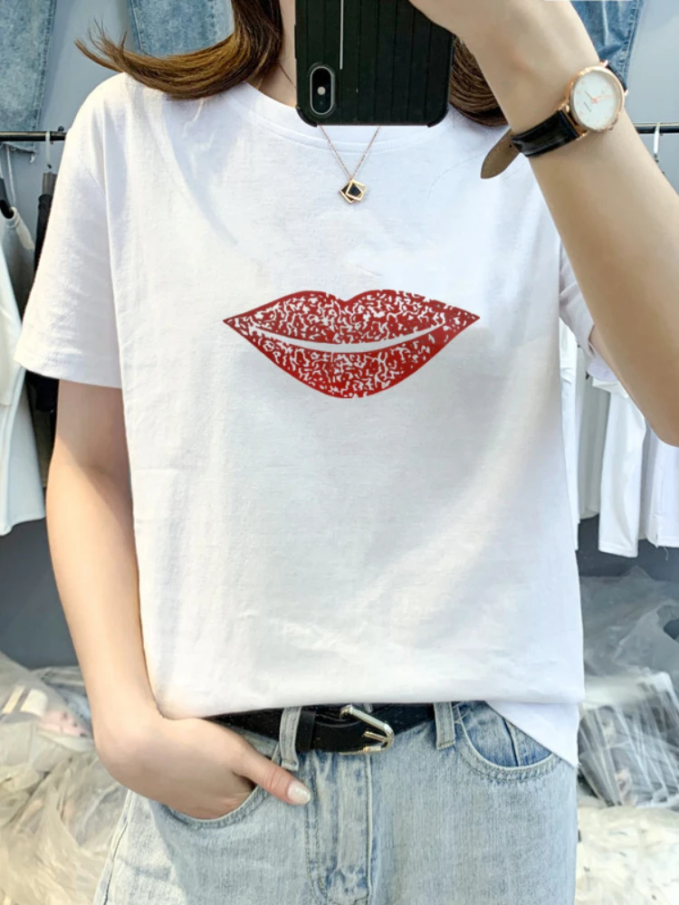 

Large T-shirt 2022 summer new mid sleeve loose round neck multicolor printed top sweet girl bottomed shirt women's top