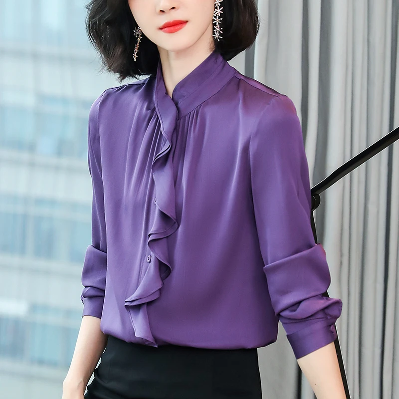 

Vintage Shirts Fashion Blouses For Women Elegant Long Sleeve Women's Solid Blouse Tops Woman Real Silk Shirt Spring Summer
