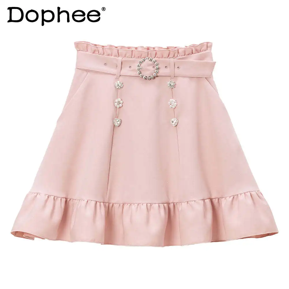 

Новинка лета 2023, универсальная юбка Mine с высокой талией, черная юбка с оборками, однотонная мини-юбка на шнуровке с бисером, юбки в стиле Харадзюку, Лолита