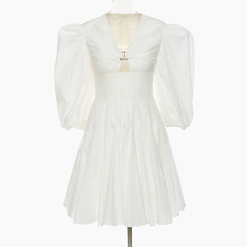 

SeeBeautiful Simple Puffles Sleeve V-neck High Waist Stitching Pleated A-line Mini Dress Women 2022 Summer New Fashion Q193