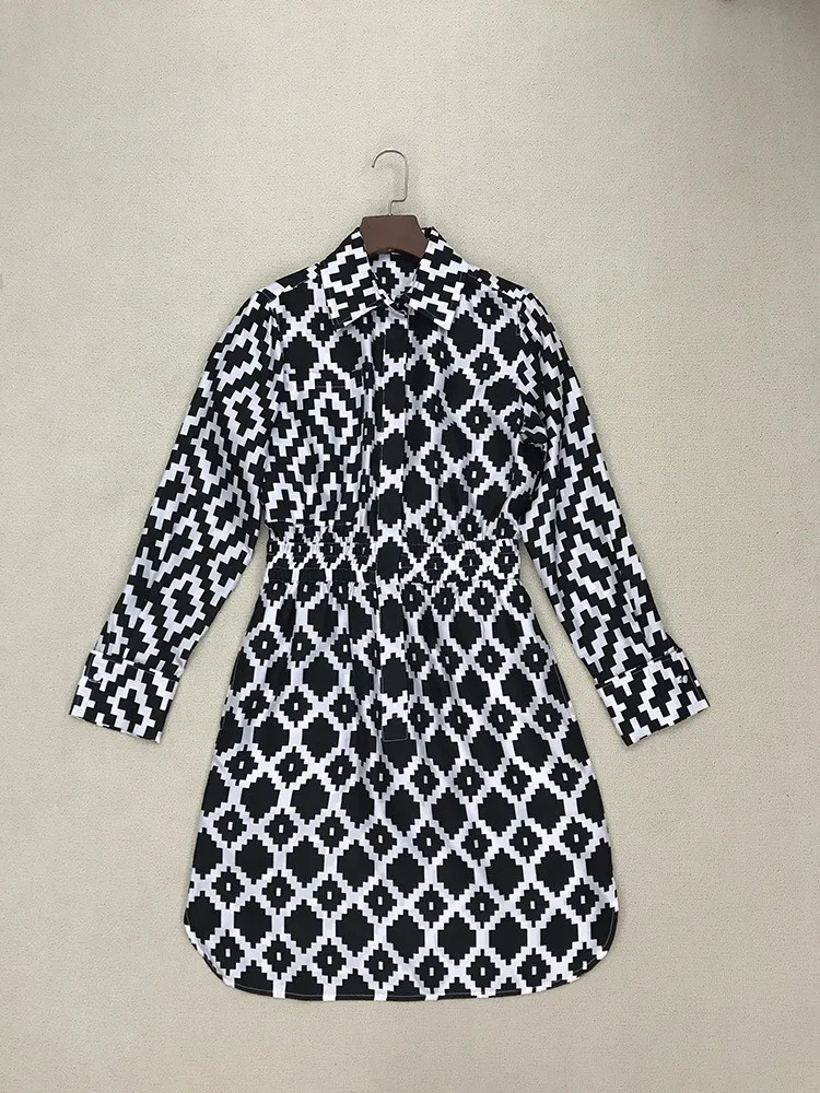 Women Turn-down Collar Dress Geometric Print Elastic Waist 100% Silk Long-sleeved Female Knee-length Robe 2022 Autumn