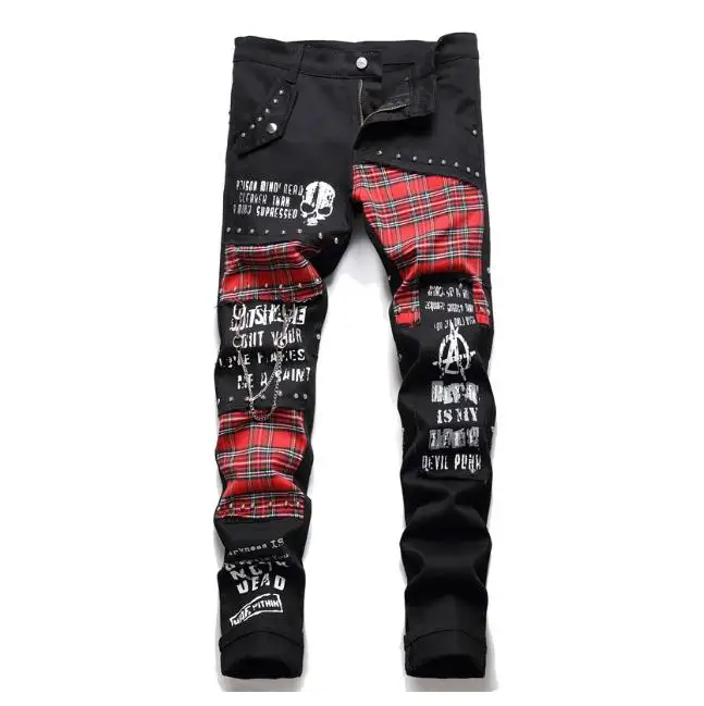 

Rivet Punk Denim Jeans Pants Skull Patchwork Streetwear Hip Hop Denim Pants Men Harajuku Plaid Fashion Slim Jeans Trousers Jb159