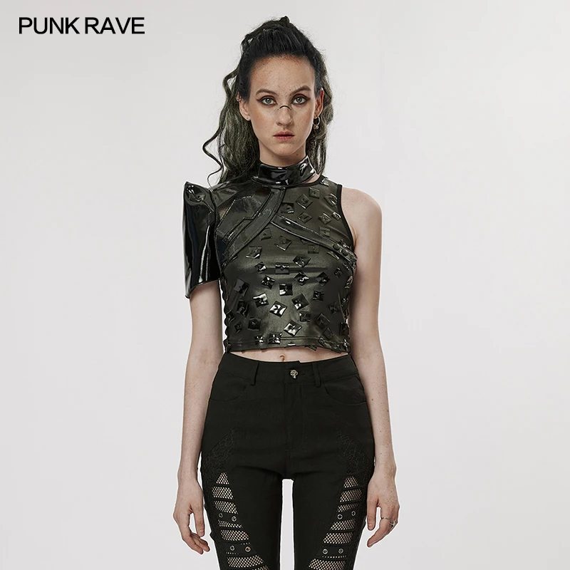 

Punk Rave Cyber Punk Sexy Rock Women Black Pu one-arm Short Jacket WY1444
