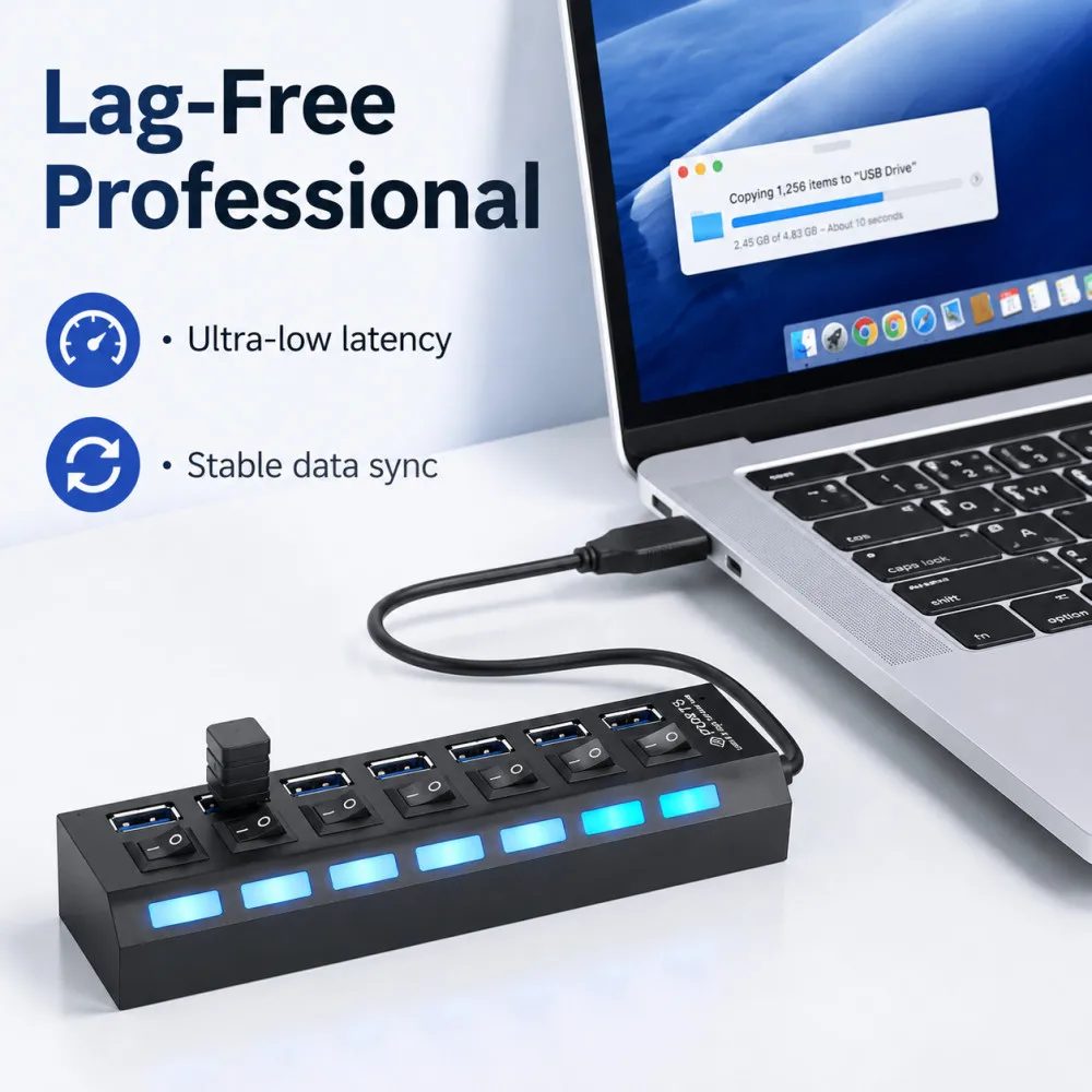 Фото Новый 7-портовый высокоскоростной USB-хаб 480 Мбит/с USB 2.0 с переключателем включения/выключения, USB-разветвитель для ПК, ноутбуков, зарядки iPhone 6/7 №1