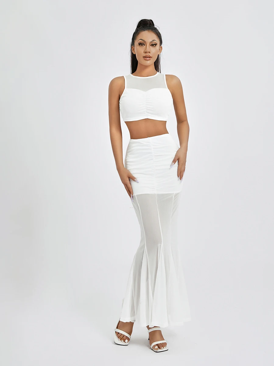 

Женский костюм для отпуска из 2 предметов, прозрачная сетчатая майка в стиле пэчворк и эластичная юбка-годе с рюшами, женская уличная одежда