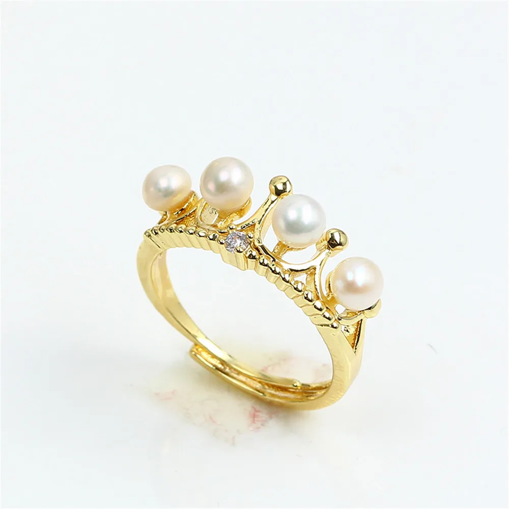 

Domestic 14k gold plating colorful crown open ring zircon pearl empty bracket adjustable DIY accessories