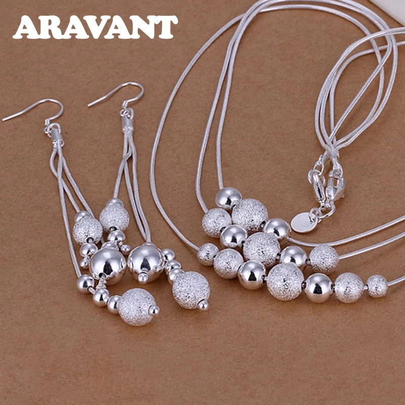 

925 Silver Three Line Bead Drop Earring Necklace Set For Women Fashion Jewelry