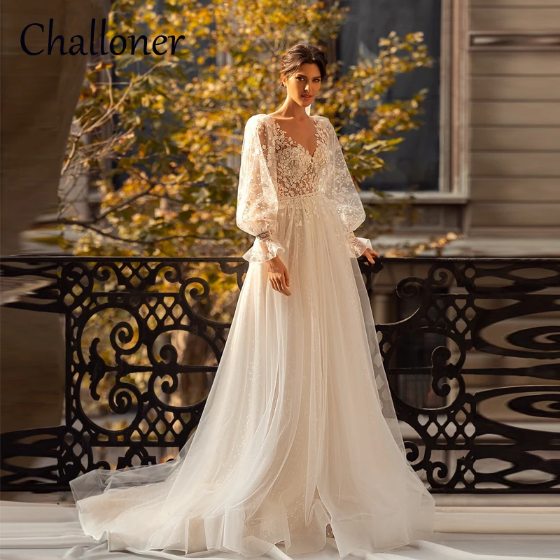 

Challoner Modern Puff Sleeves Wedding Dress Bridal Gowns Elegant A Line Applique for Women Squined Vestido de Novia Court Train