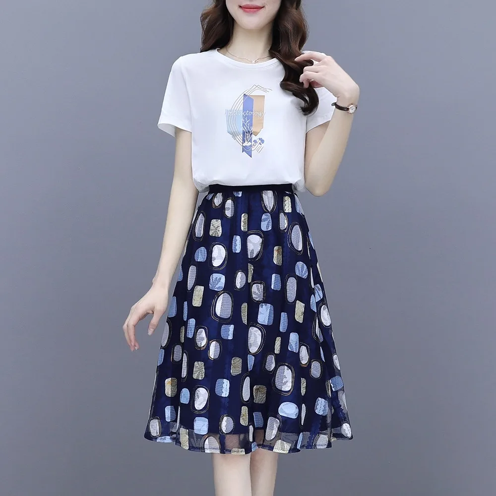 2 Piece Dress Sets Womens Outfits Korean Style Dress Suits Short sleeves T-shirt Printed Blazer Top Skirt suit Fashion Clothes