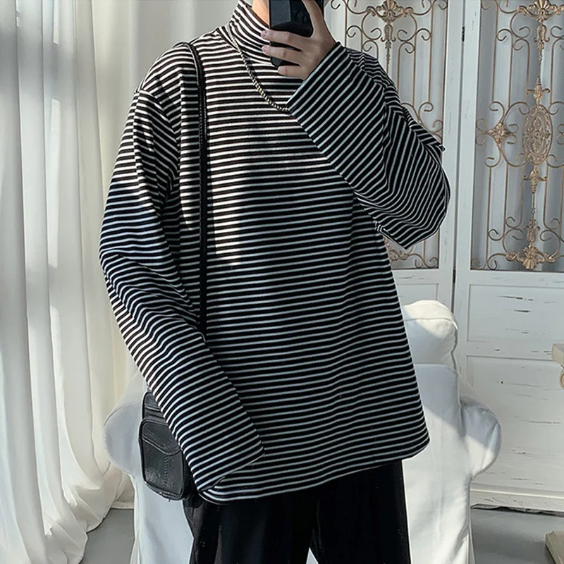 

New harajuku t shirt for men y2k clothes turtleneck stripe T-shirts full Sleeve loose Casual bottoming black Tops Men's clothing