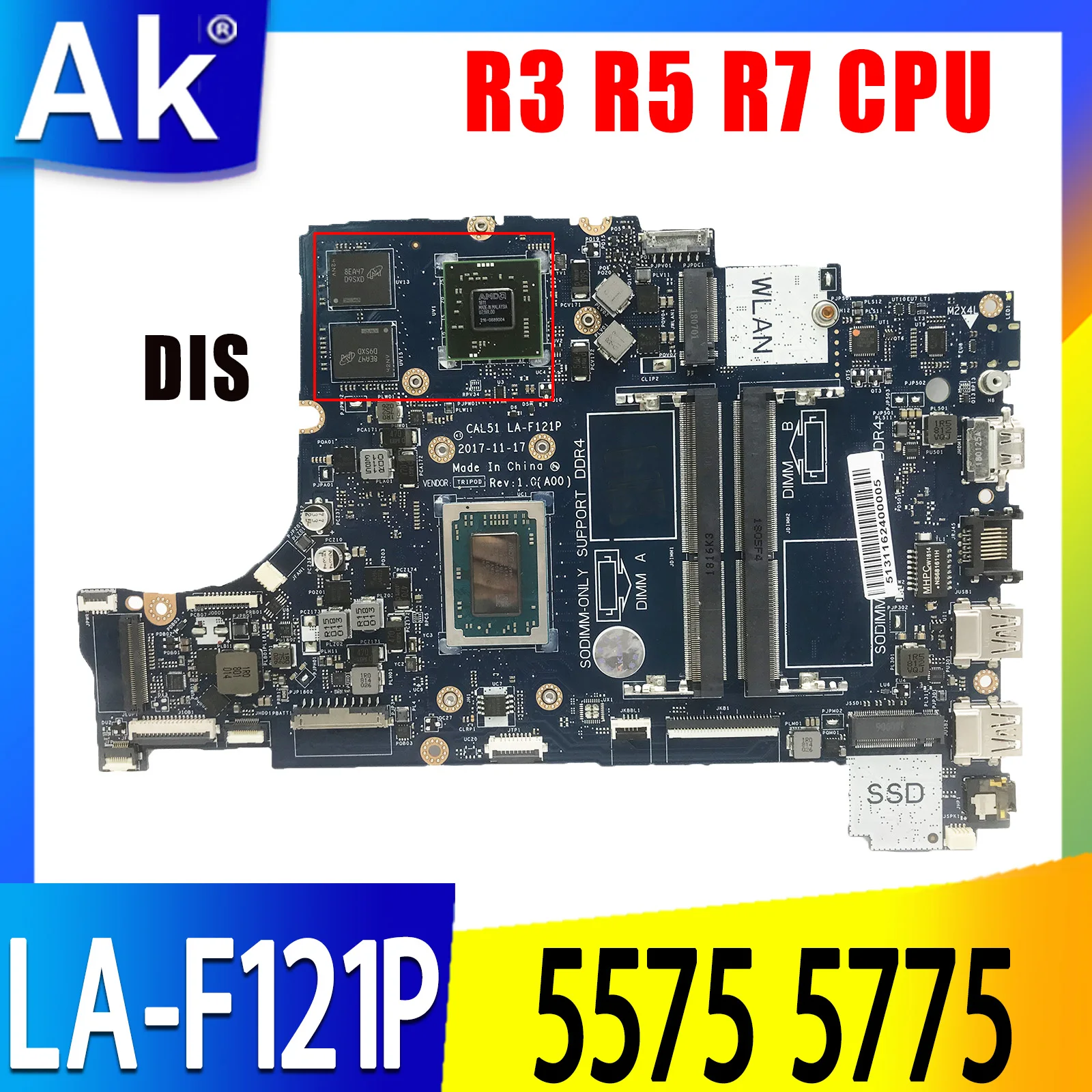 

FOR DELL INSPIRON 5575 5775 Motherboard CAL51 LA-F121P w/ R3-2200 R5-2500 R7-2700 cpu Mainboard CN-0P34C9 09XH0N 082KGC