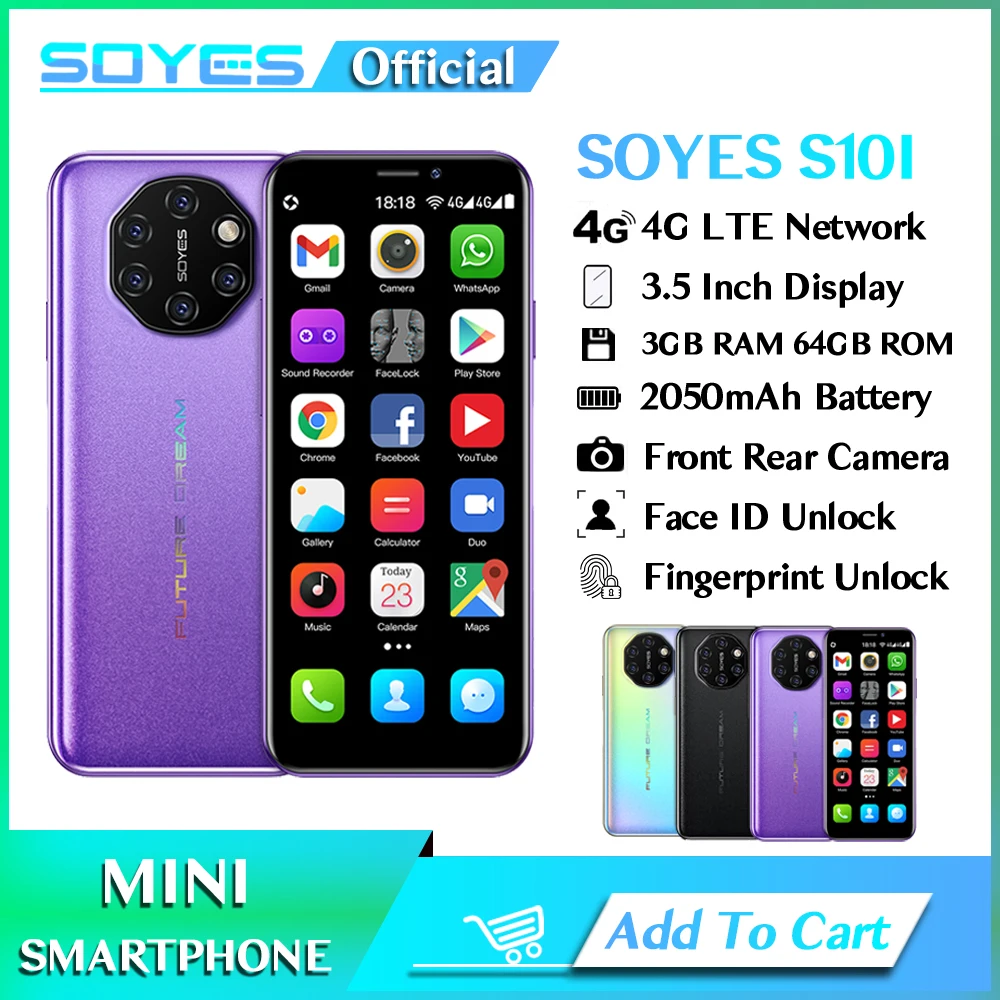 SOYES Mini Cell Phone 3.5 Inch Android 3GB RAM 32GB 64GB ROM MTK6737 Quad Core Face Recognition Fingerprint Unlocked Smartphone