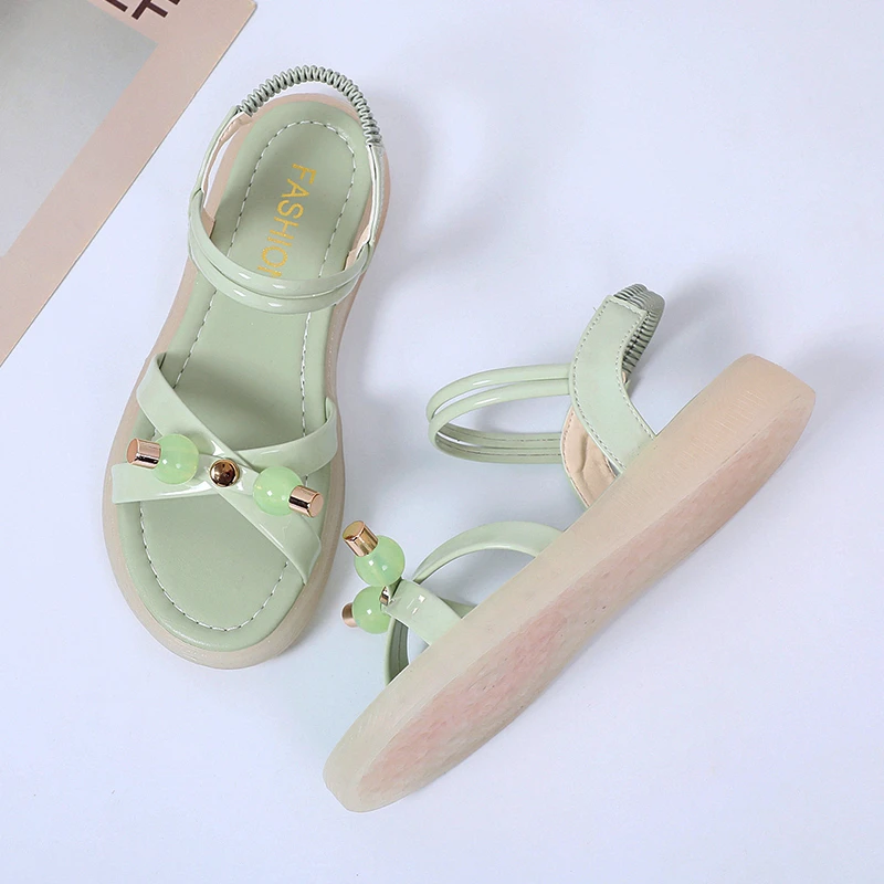 

Bow Button New 2021 Women Flat Sandals Beach Sandals Flat Concise Summer Shoes Women Elastic Band Casual Sandalias Mujer