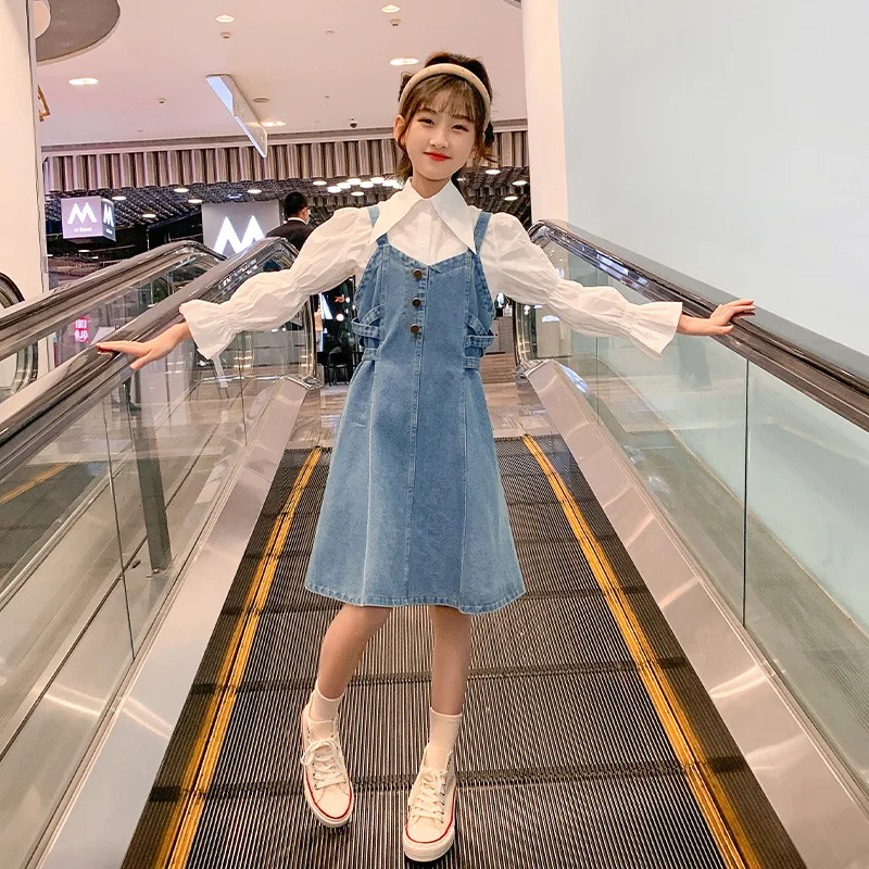 

Girls' Denim Skirt Spring New School Children's Korean Belt Skirt Set Children's Shirt Skirt 2pcs Suit Boutique Kids Clothing
