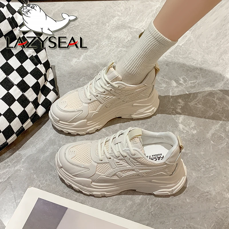 

LazySeal Lace Up Sneakers Solid Color Height Increasing Women Casual Shoes Breathable Sport Style Sneaker Boots Student Shoe