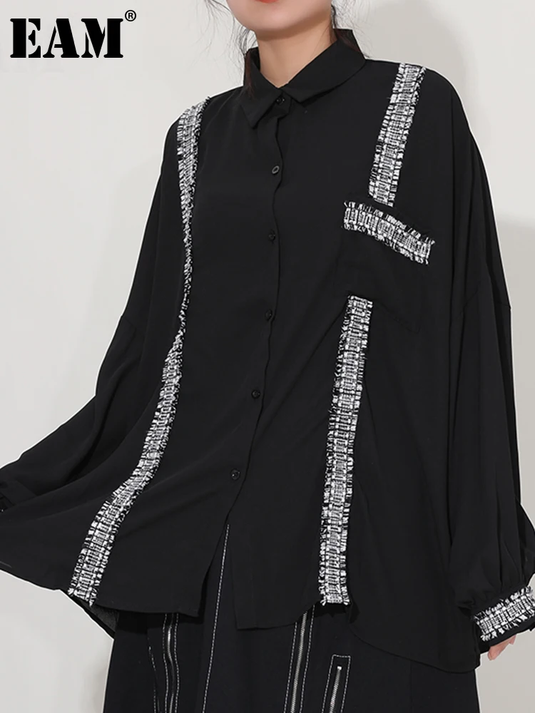 

[EAM] Women Asymmetrical Black Big Size Blouse New Lapel Long Sleeve Loose Fit Shirt Fashion Tide Spring Autumn 2022 1H64001