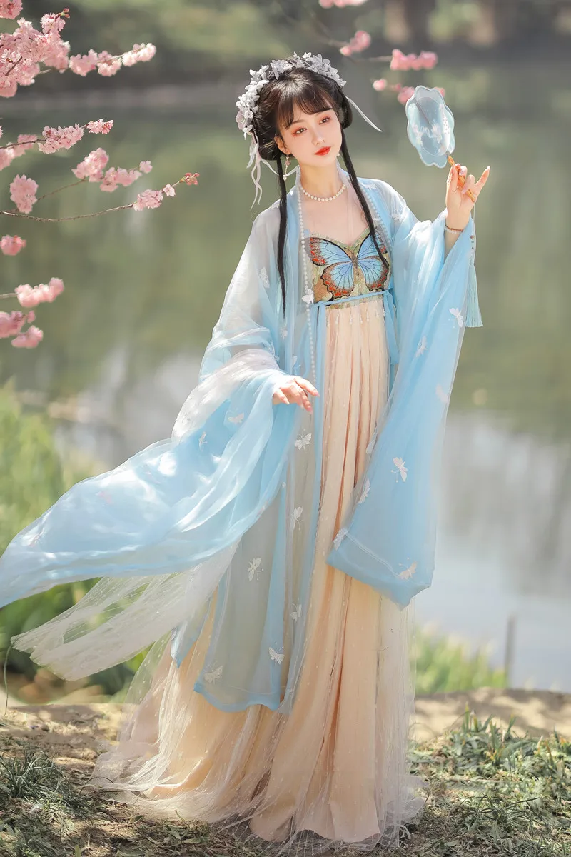 Женская летняя рубашка с длинным рукавом голубая юбка в стиле ханьфу весна-лето