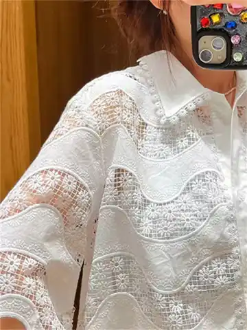 Women Embroidery Floral Blouses Half Sleeve Hollow out Stitching Sweet Top Female Turn-down Collar Shirt 2023 Summer