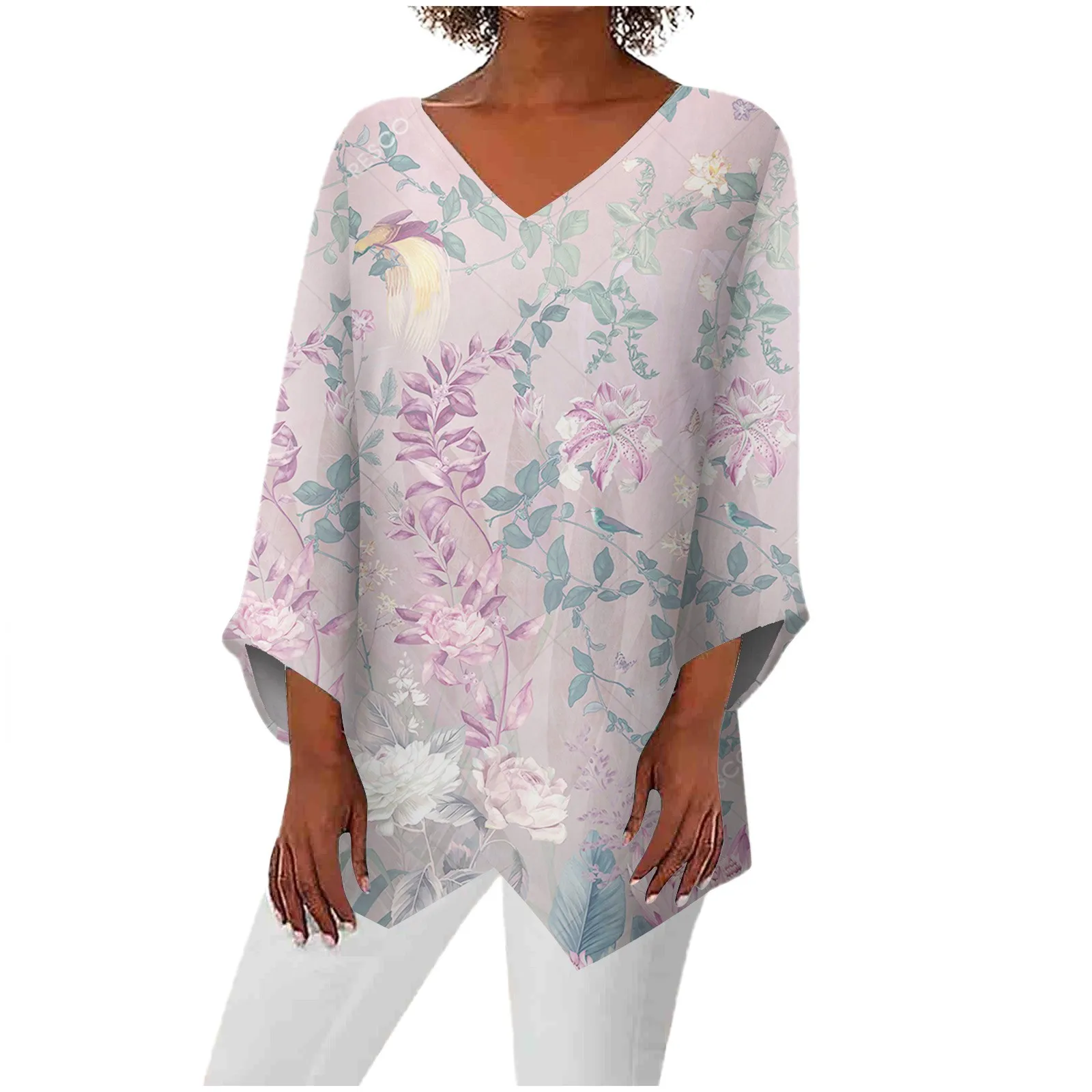 

Women'S Top Loose Casual 3/4 Sleeve V-Neck Under Spread Slit Printed T-Shirt Top Top Women Fashion Woman Blouse 2023 T Shirt