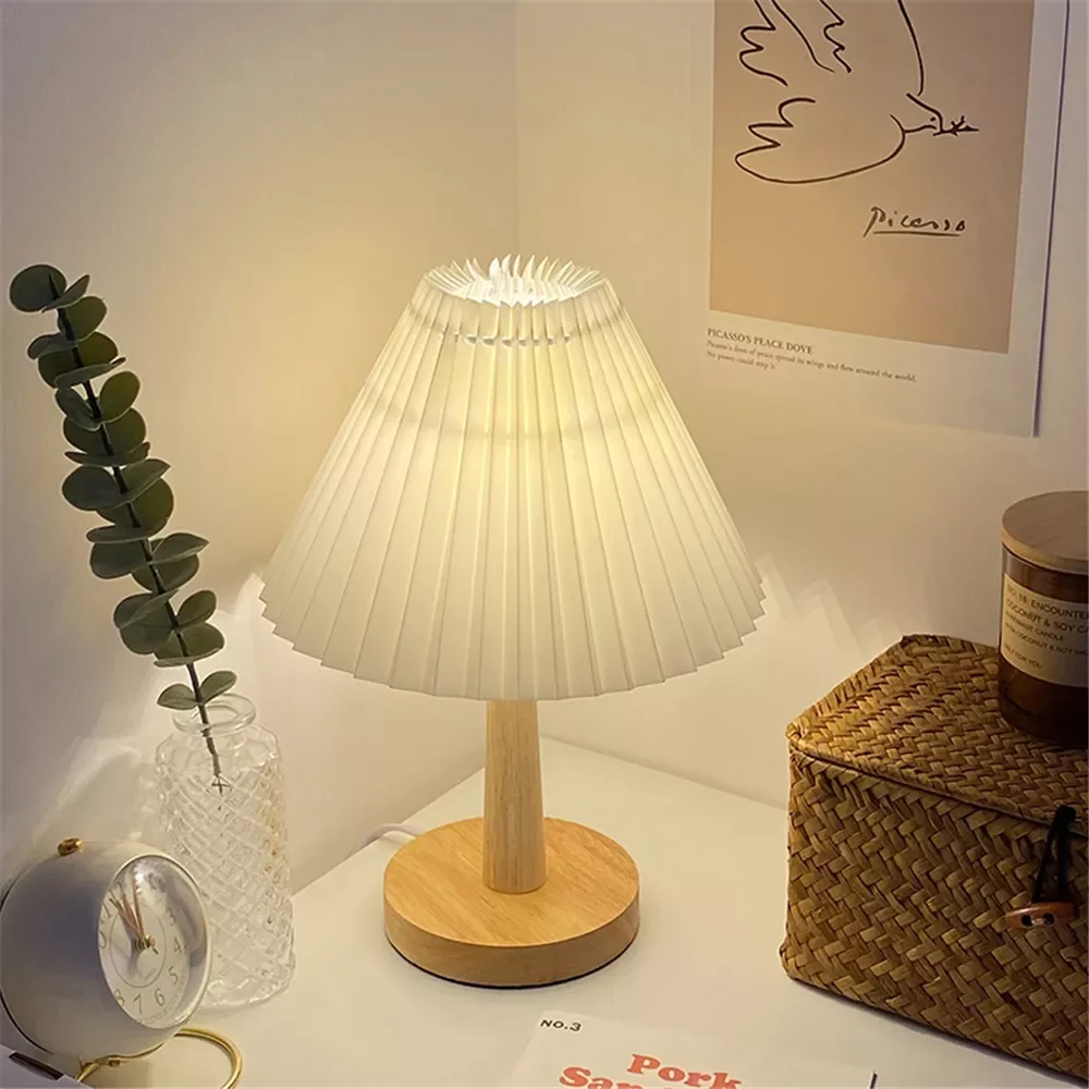 

Vintage Pleated Lamp Dimmable Korean Table Light with Led Bead White Warm Yellow for Bedroom Living Room Home Lighting Decor