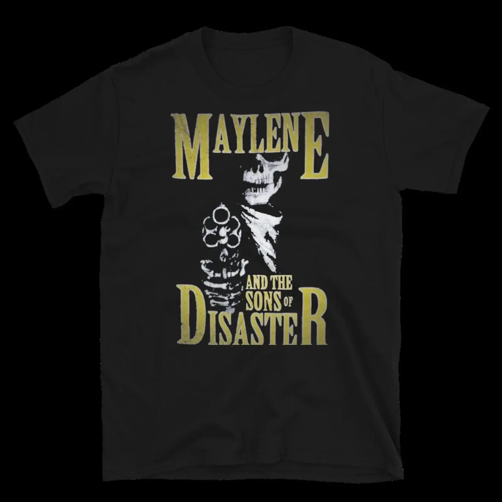 Фото Футболка MAYLENE AND THE SONS OF DESASTER с принтом скелета и револьвера, в стиле пост-хардкор, винтажная, дышащая, повседневная. №1