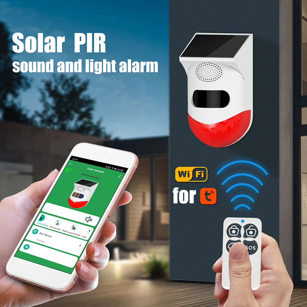 

Tuya Smart WiFi Infrared Motion Detector Solar Outdoor PIR Wireless Strobe Siren Detector Sound Alarm Waterproof Remote Control