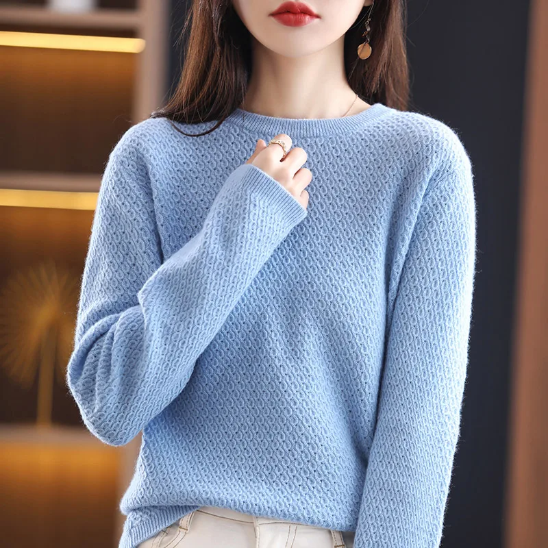 

Ladies 100%Wool Sweater Spring O-Neck Hollow Long Sleeve Knit Pullover Loose Wild Warm Cashmere Top Women Bottoming Shirt