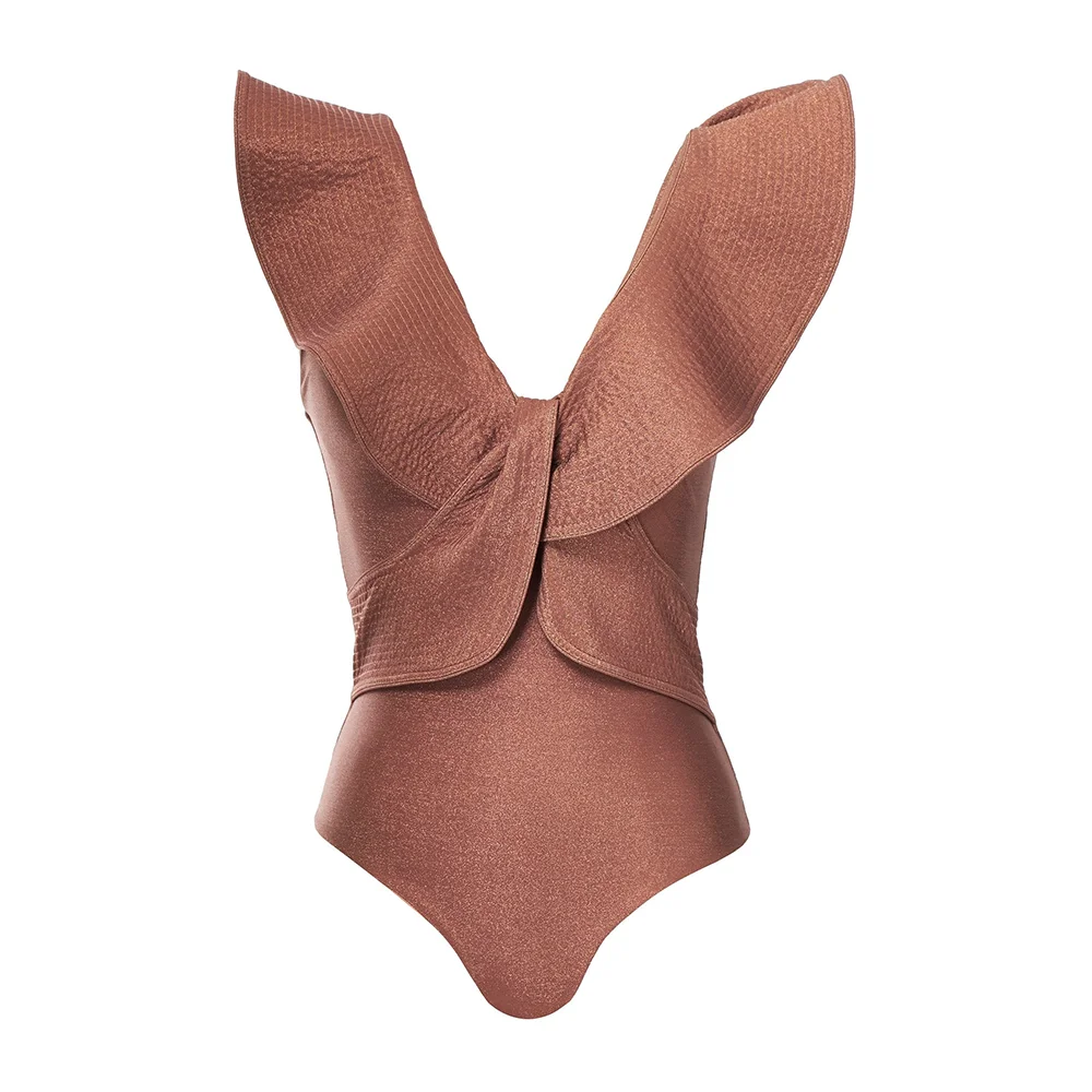 

Fashion Solid Ruffle One-piece Swimsuit Female Bandage Bikini Sexy V-neck Backless Beachwear Triangle Bathing Suit Slim Monokini