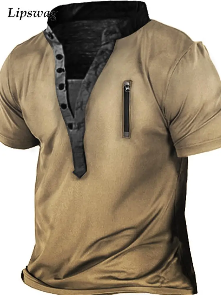 Футболка мужская с воротником-стойкой короткий рукав Повседневная рубашка на