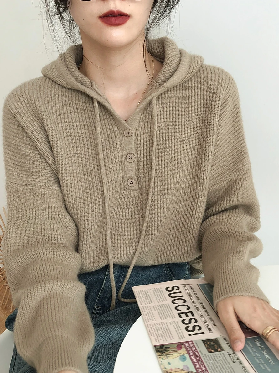 

Retro Autumn and Winter New Knitwear Hooded Pullover Sweater Long Sleeve Soft Glutinous Loose Lazy Sweater Women's Top