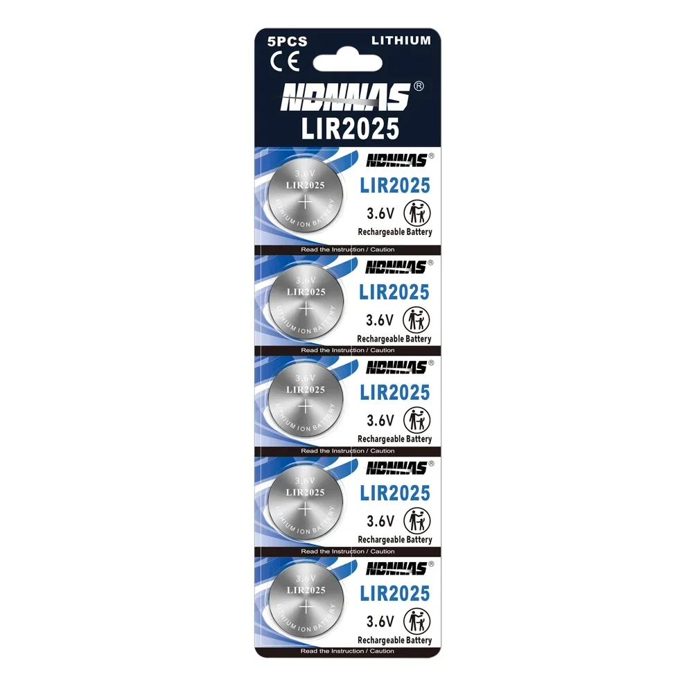 Фото NBNNAS 5 шт. LIR2025 3.6V перезаряжаемые литий-ионные батарейки-таблетки, высокоемкие батарейки для автомобильных ключей, пультов ДУ, игрушек, часов №5