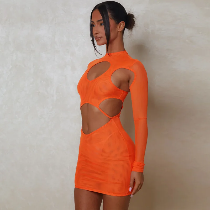 

Women Summer Hollow Out Sheer Mesh Mini Dress Short Night Club Party Robe Beach Vestidos Sexy O Neck Long Sleeve Bodycon Dresses