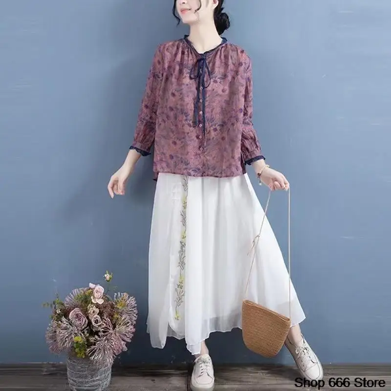 

Новинка весна-лето винтажная Цветочная рубашка Женский Тонкий Топ в литературном и этническом стиле свободная футболка с принтом хлопковый топ в китайском стиле