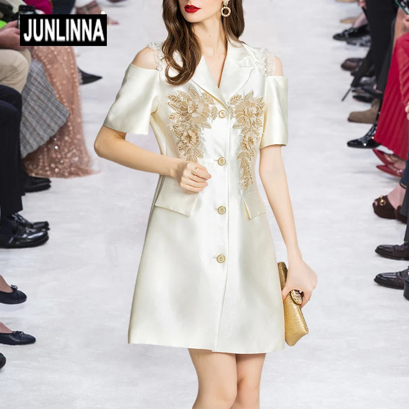 

JUNLINNA Summer Dress Women Runway Fashion Off the Shoulder Flower Embroidery 3D Appliques Elegant Party Street Vestidos